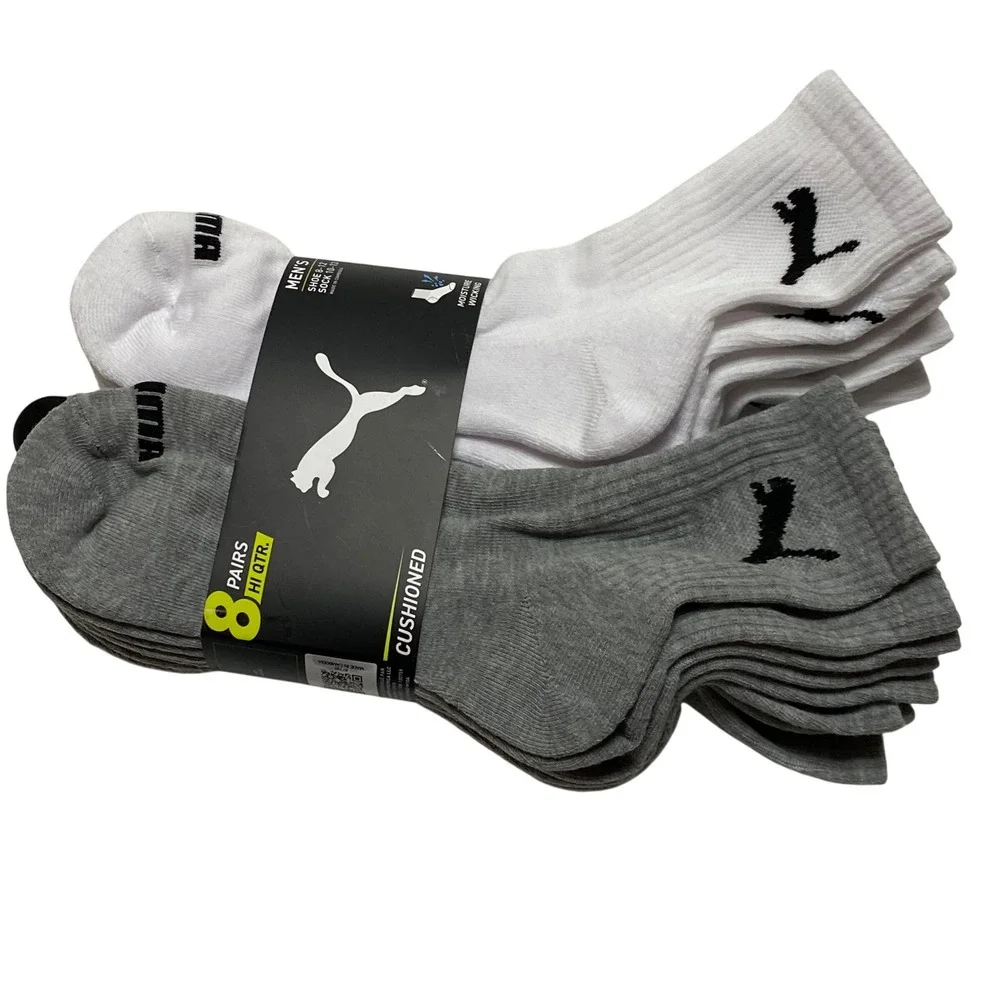 Puma Mens Hi Qtr Socks 8 Pair Pack White Grey Cushione Moisture Wicking 8-12 NWT